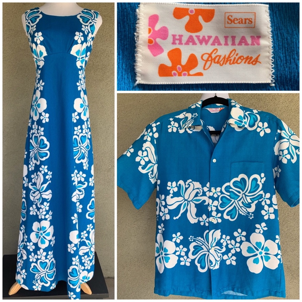 🌺 Vintage Hawaiian Barkcloth Matched Set Dress Shirt